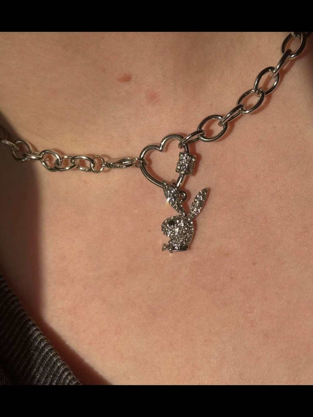 Silver Heart Chain Necklace with Crystal Bunny Charm